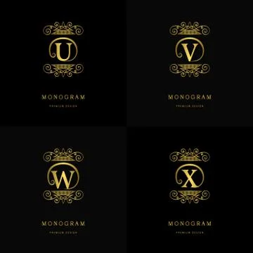 Gold Monogram logos. Abstract style Letter emblems U, V, W, X 스톡 일러스트