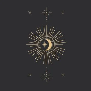 Gold moon with rays celestial tattoo or tarot astrology magic element, stars 스톡 일러스트
