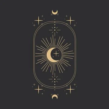 Gold moon with rays celestial tattoo or tarot astrology magic element, stars Stock Illustration