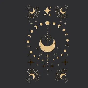 Gold moon with rays celestial tattoo or tarot astrology magic element, stars 库存插图