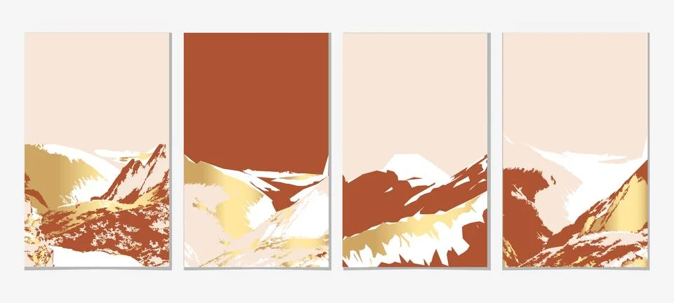 Gold mountain wall art vector set. Earth tones landscapes backgrounds set wit Stock Illustration