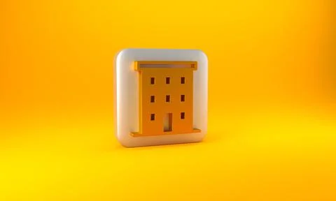 Gold Multi storey building icon isolated on yellow background. Silver square  Ilustración de archivo