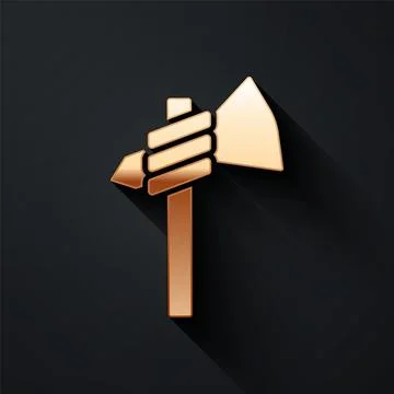 Gold Native american tomahawk axe icon isolated on black background. Long shadow Stock Illustration