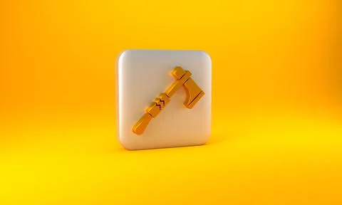 Gold Native american tomahawk axe icon isolated on yellow background. Silver Stock Illustration