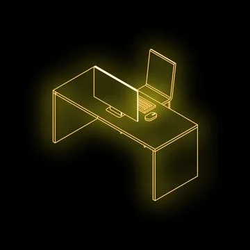 Gold neon desk with desktop computer, keyboard and mouse representing workpla Stock Illustration
