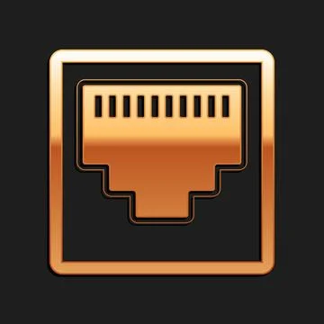 Gold Network port - cable socket icon isolated on black background. LAN port Stock Illustration