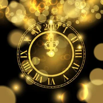 Gold New Years 2019 clock luxury greeting card 스톡 일러스트