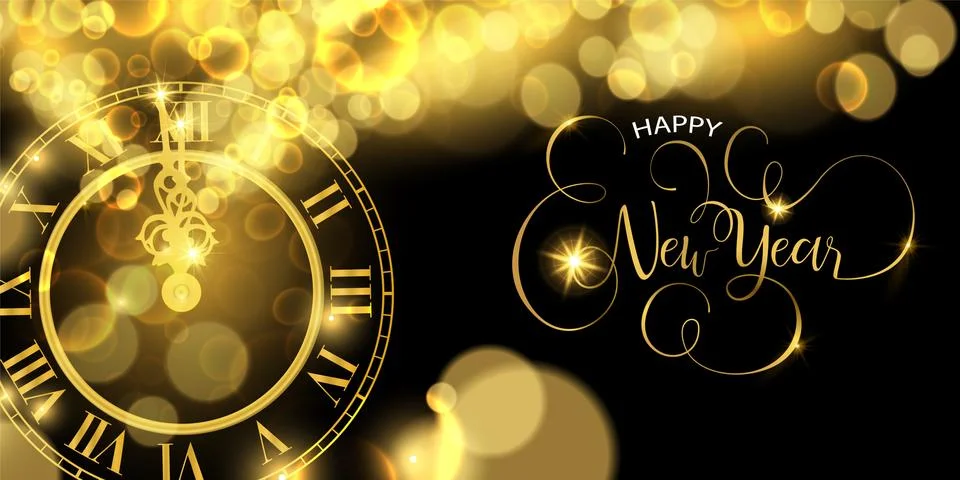 Gold New Years eve clock time luxury web banner Stock Illustration