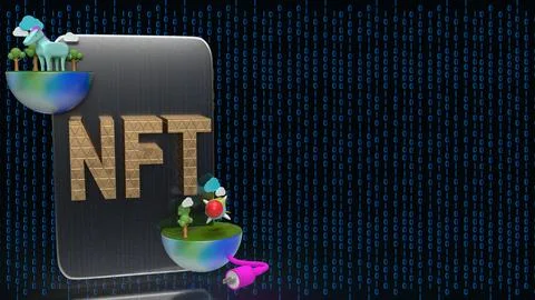 The gold nft text on tablet digital background 3d rendering Stock Illustration