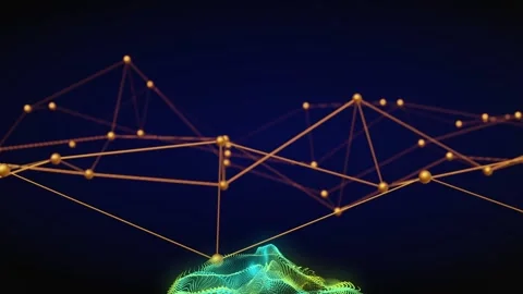Gold node network floating while particle mesh rising from center, interacting 스톡 동영상 329611224