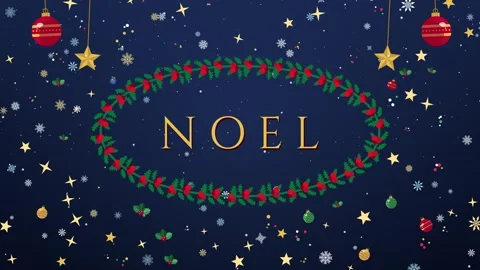 Gold Noel text inside an oval holly frame with hanging ornaments on navy 스톡 동영상 348258870