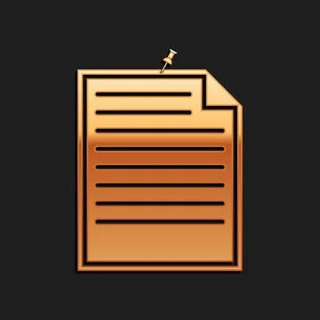 Gold Note paper with pinned pushbutton icon isolated on black background. Memo Stock Illustration