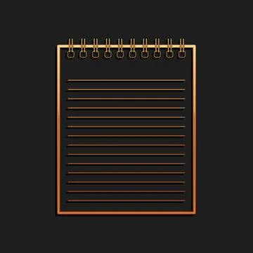 Gold Notebook icon isolated on black background. Spiral notepad icon. School Stock Illustration