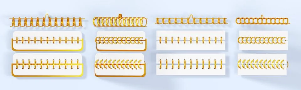 Gold notebook spirals 3d render set. Isolated golden wire steel ring binding and 스톡 일러스트
