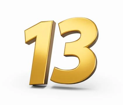 Gold number 13 thirteen isolated white background. shiny 3d number 13 made .. Stock Illustration
