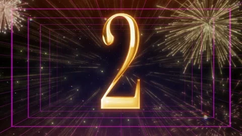 Gold number 2 countdown with fireworks and retro grid background Stock Footage 337460894