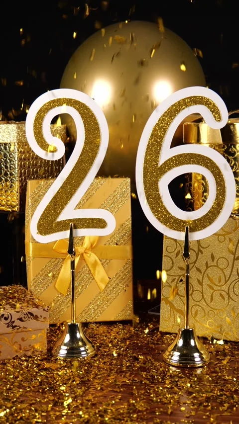 Gold Number 26 with Gold Glitter Confetti Sparkles with Gifts and Balloons for Video stock 341321253
