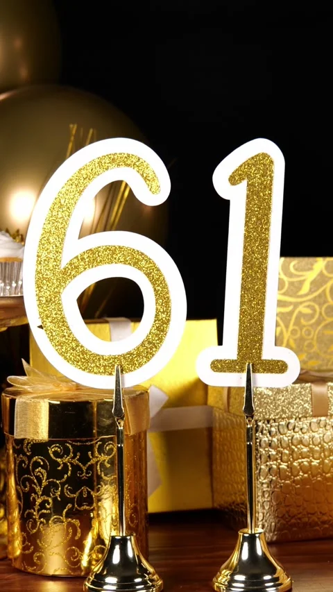 Gold Number 61 with Gold Glitter Sparkles with Gifts and Balloons and Cupcakes Stock Footage 346406486