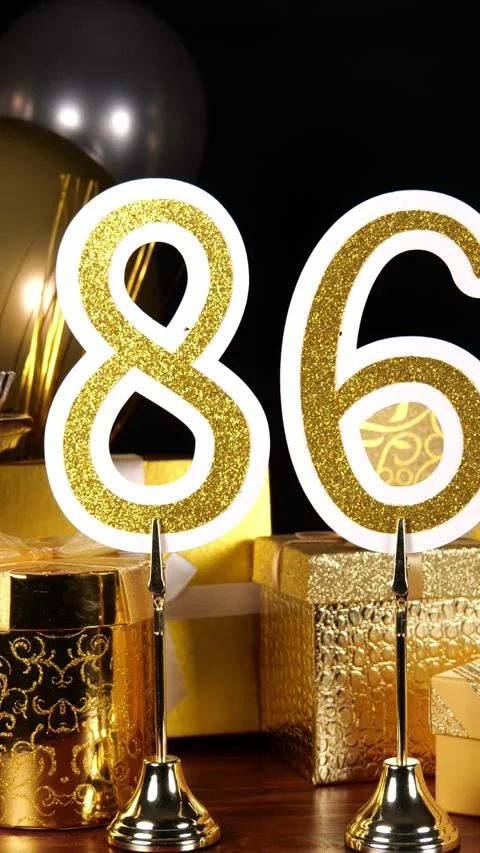 Gold Number 86 with Silver Glitter Sparkles with Gifts and Balloons and Stock Footage 346406400