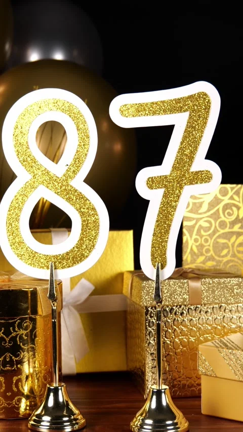 Gold Number 87 with Silver Glitter Sparkles with Gifts and Balloons and Stock Footage 346406324