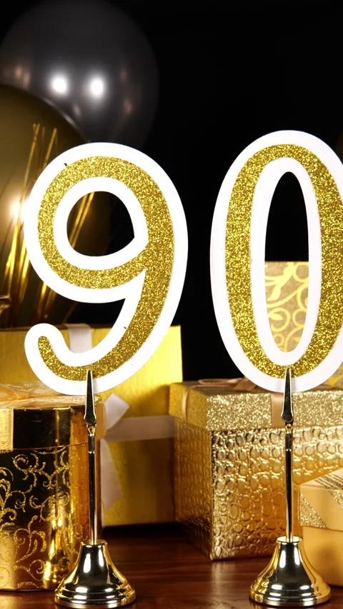 Gold Number 90 with Silver Glitter Sparkles with Gifts and Balloons and Stock Footage 346406344