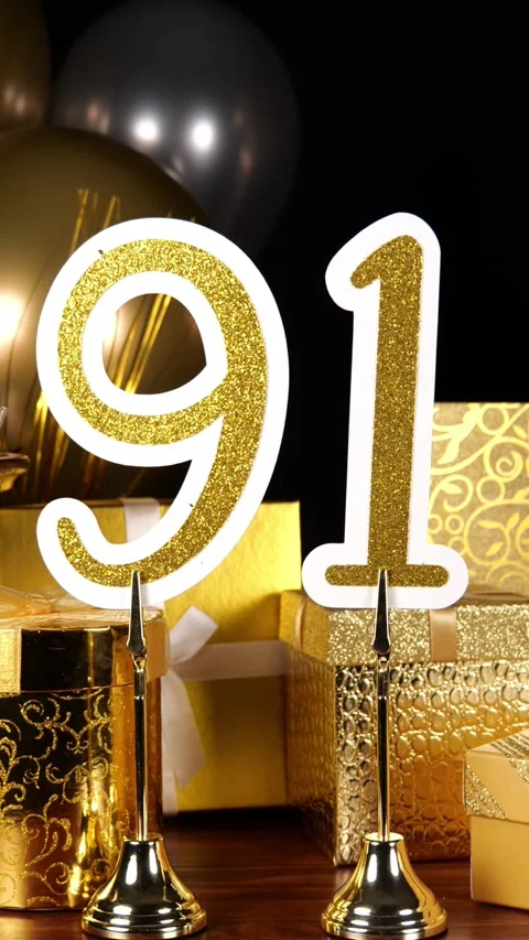 Gold Number 91 with Silver Glitter Sparkles with Gifts and Balloons and Stock Footage 346407146