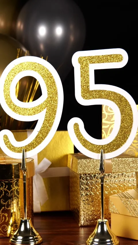 Gold Number 95 with Silver Glitter Sparkles with Gifts and Balloons and Stock Footage 346407103