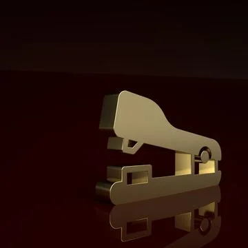 Gold Office stapler icon isolated on brown background. Stapler, staple, paper Stock Illustration