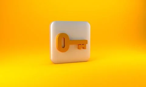 Gold Old key icon isolated on yellow background. Silver square button. 3D render Stock Illustration