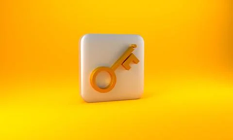 Gold Old key icon isolated on yellow background. Silver square button. 3D ren Illustrazione stock