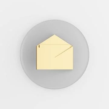 Gold open e-mail icon in flat style. 3d rendering gray round button key, inte Stock Illustration