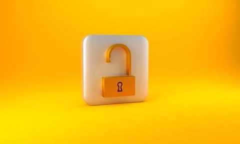 Gold Open padlock icon isolated on yellow background. Opened lock sign. Cyber Illustrazione stock
