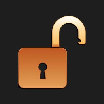 Gold Open padlock icon isolated on black background. Opened lock sign. Cyber Illustrazione stock