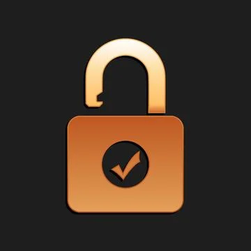 Gold Open padlock icon isolated on black background. Opened lock sign. Cyber Stock Illustration
