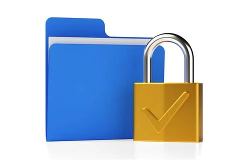 Gold or brass padlock with checkmark in front of folder over white backgrou.. Stock Illustration
