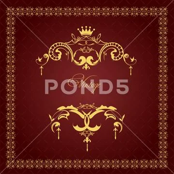 Gold ornament on brown background. Can be used as invitation card. Vector ill Stock Illustration