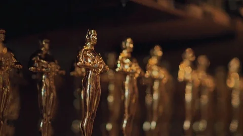 Gold Oscars on the shelf Stock Footage 107996187