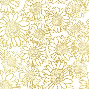 Gold outlined sunflowers seamless pattern on white background Stock Illustration