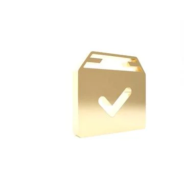 Gold Package box with check mark icon isolated on white background. Parcel bo Stock Illustration