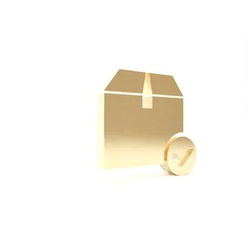 Gold Package box with check mark icon isolated on white background. Parcel bo Illustrazione stock