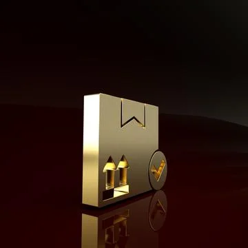 Gold Package box with check mark icon isolated on brown background. Parcel bo Stock Illustration