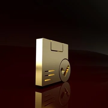 Gold Package box with check mark icon isolated on brown background. Parcel bo Stock Illustration