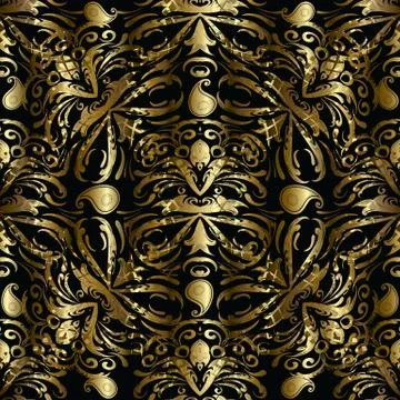 Gold paisley seamless pattern. Vector floral drapery 3d background. Vintage p イラスト素材
