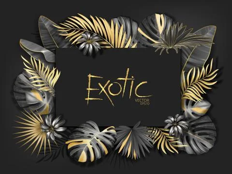 Gold Palm leaves pattern black background. Rectangular frame. Illustrazione stock