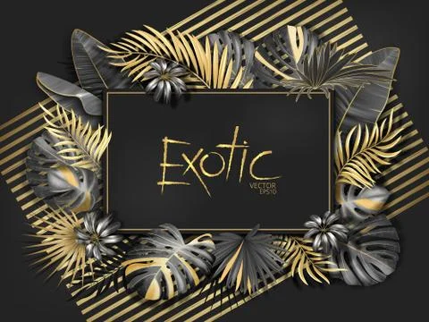Gold Palm leaves pattern black background. Rectangular frame. Illustrazione stock