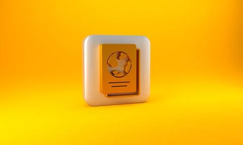 Gold Passport with biometric data icon isolated on yellow background. Identif Illustrazione stock