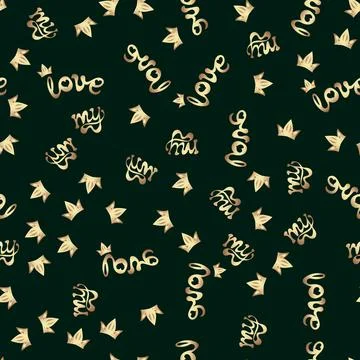 Gold pattern. Dark background with gold crown and geometric ornament. Hand le Stock Illustration