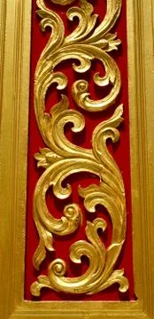 Gold pattern in the wood windows Stock Photos