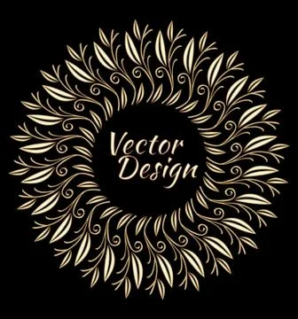 Gold patterns composed of branches and leaves, 3d illusion, circle frame on Stock Illustration