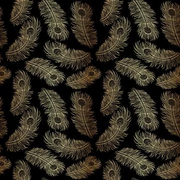 Gold Peacock Feather Seamless Pattern on Black Background Stock Illustration